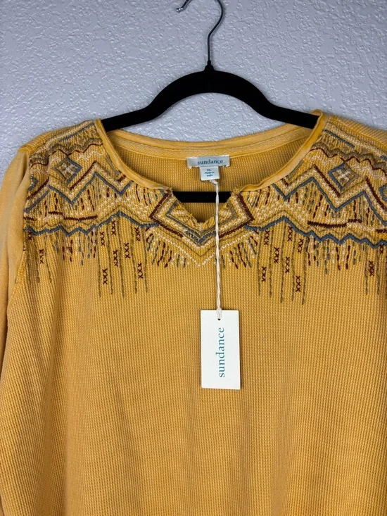 NWT Sundance Women XL Mustard Aztec Embroidered Waffle Knit Thermal Top - Picture 7 of 11
